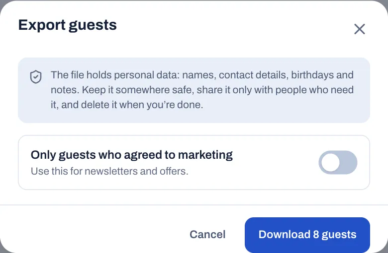 The Export guests window: a note that the file holds personal data and should be kept safe and deleted when you're done, the switch Only guests who agreed to marketing, and the Download 8 guests button.