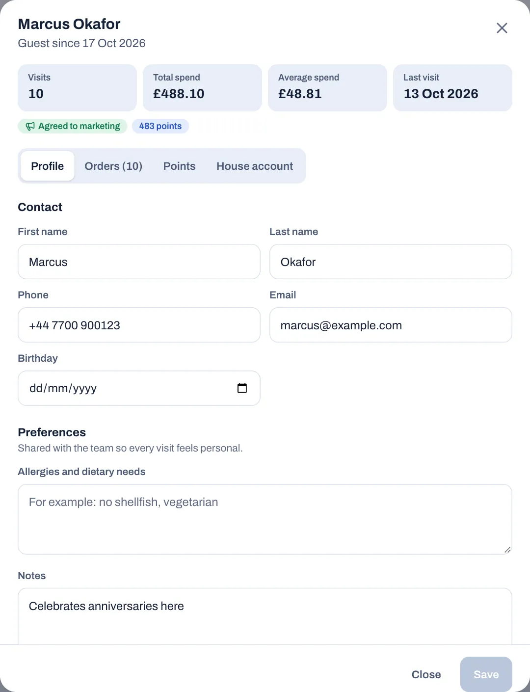 The profile of Marcus Okafor, guest since 17 Oct 2026: Visits 10, Total spend £488.10, Average spend £48.81 and Last visit 13 Oct 2026; badges for Agreed to marketing and 483 points; the Profile, Orders (10), Points and House account tabs; and the Contact fields with his phone and email.