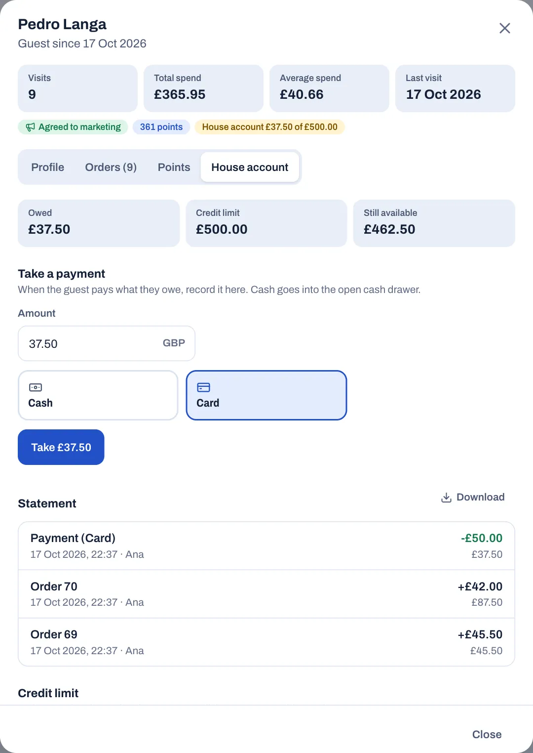 The House account tab of Pedro Langa: Owed £37.50, Credit limit £500.00 and Still available £462.50; Take a payment with the amount 37.50, Card chosen and the Take £37.50 button; and the Statement with a card payment of £50.00 and orders 70 and 69 charged to the account, each with what was owed after it.