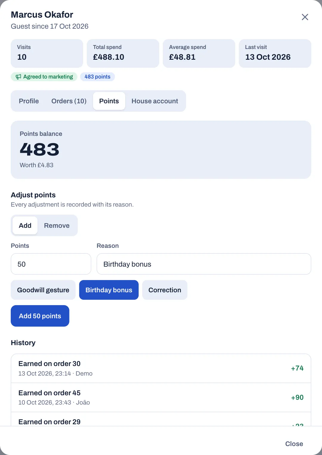 The Points tab of Marcus Okafor: Points balance 483, worth £4.83; under Adjust points, Add selected, 50 points, the reason Birthday bonus and the Add 50 points button; and the History, starting with Earned on order 30 (+74) and Earned on order 45 (+90).