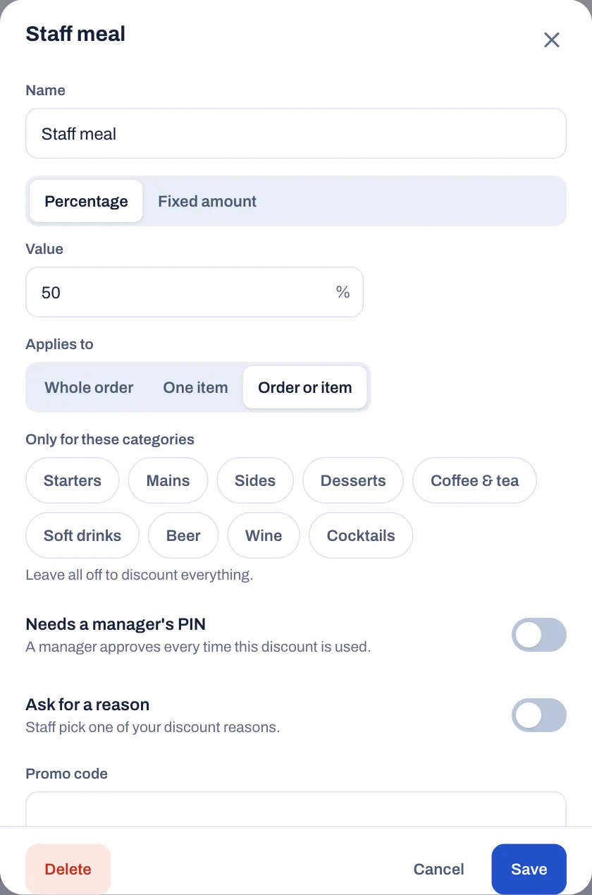 The Staff meal discount open for editing: Name Staff meal, Percentage with a value of 50%, Applies to set to Order or item, the category buttons under Only for these categories all off, Needs a manager's PIN and Ask for a reason turned off, and the Promo code box.