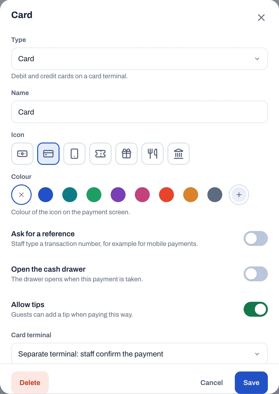 The Card payment method open for editing: Type Card, Name Card, the icon and colour choices, Ask for a reference and Open the cash drawer turned off, Allow tips turned on, and Card terminal set to Separate terminal: staff confirm the payment.