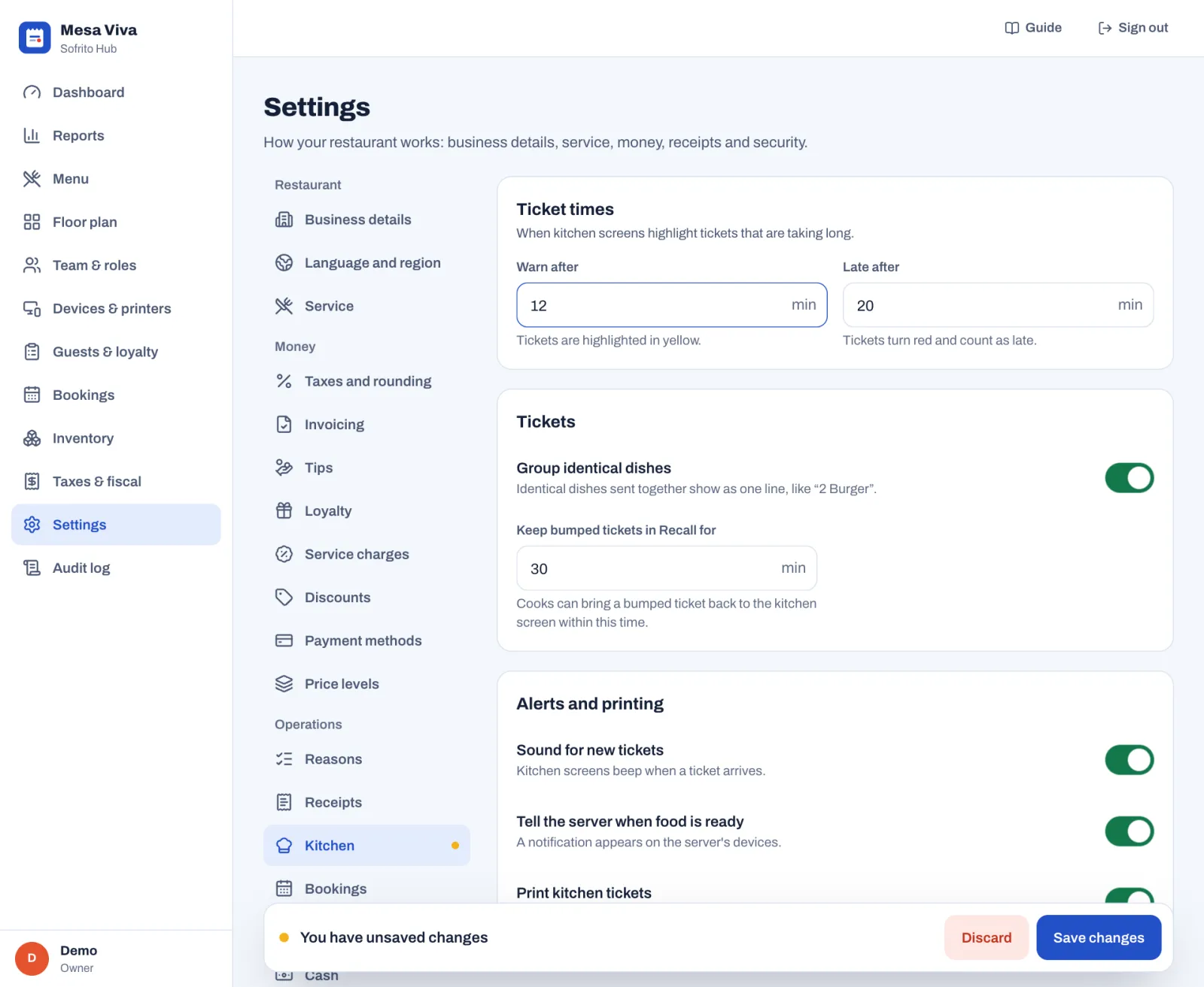 Settings › Kitchen with Warn after changed to 12 minutes: a yellow dot next to Kitchen in the list of sections, and at the bottom the bar "You have unsaved changes" with the Discard and Save changes buttons.