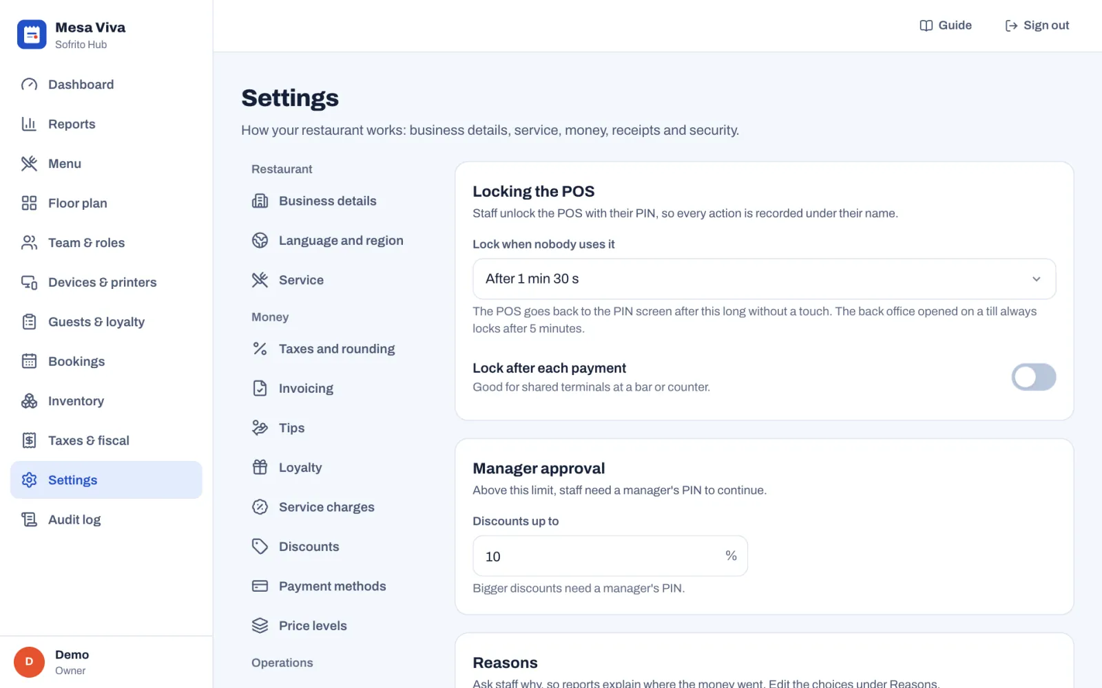 Settings › Security: Lock when nobody uses it set to After 1 min 30 s, with the hint that the back office opened on a till always locks after 5 minutes; Lock after each payment turned off; Manager approval with Discounts up to 10%; and the start of the Reasons section.