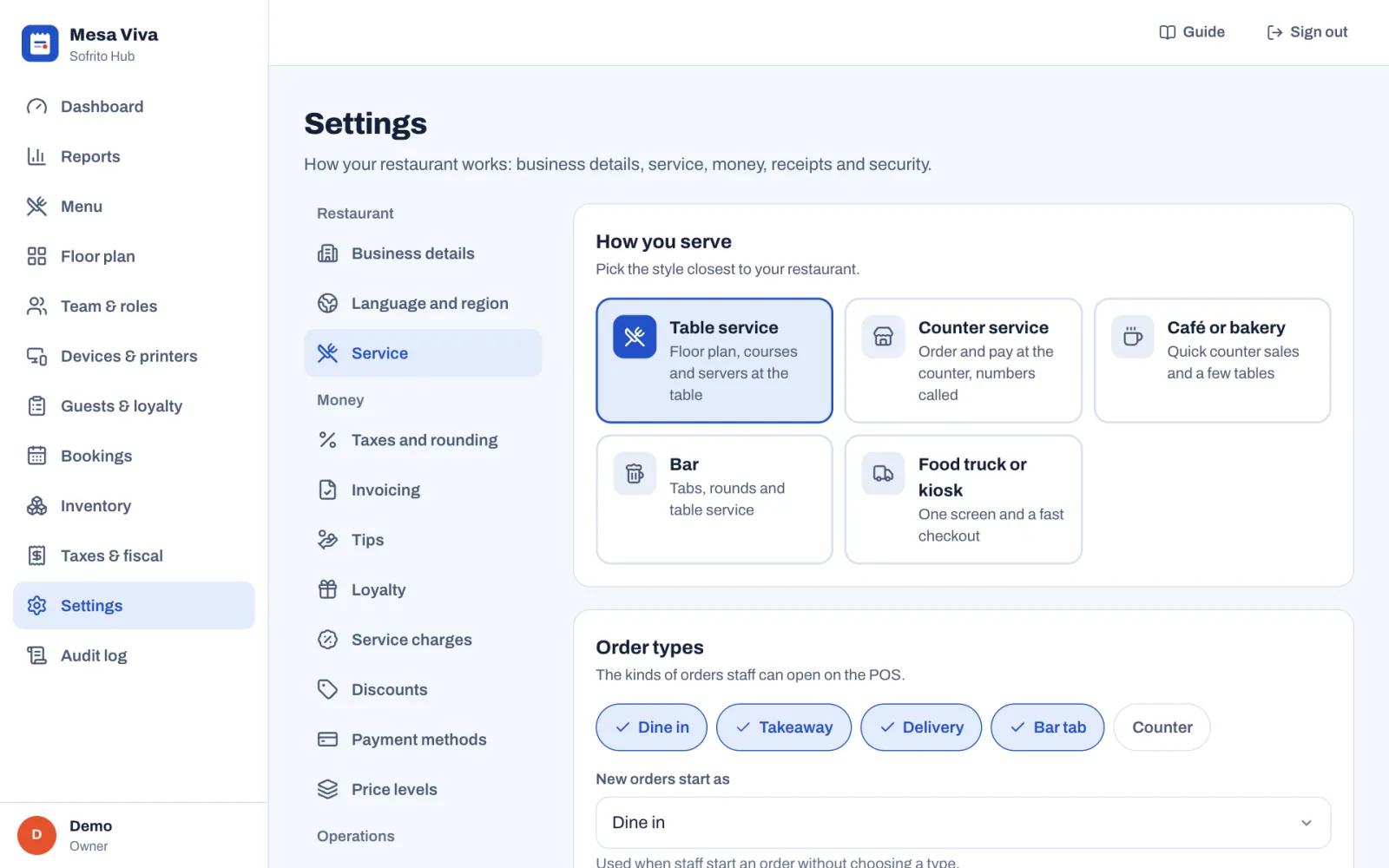 Settings › Service: How you serve with five choices, Table service (selected), Counter service, Café or bakery, Bar, and Food truck or kiosk; then Order types with Dine in, Takeaway, Delivery and Bar tab turned on and Counter off, and New orders start as Dine in.