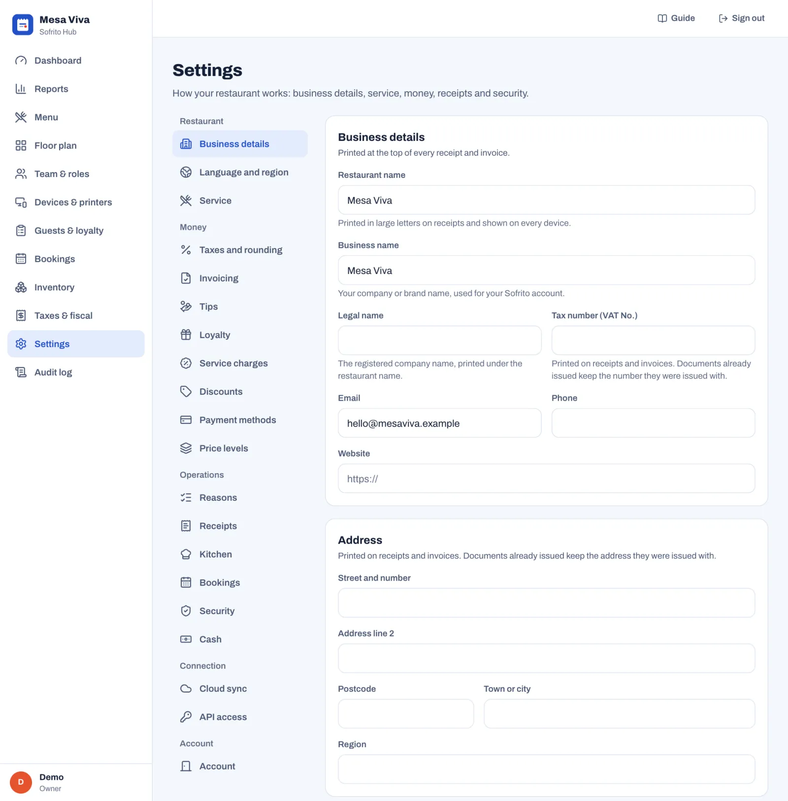 The Settings page on Business details. On the left, the sections in five groups: Restaurant with Business details, Language and region and Service; Money with Taxes and rounding, Invoicing, Tips, Loyalty, Service charges, Discounts, Payment methods and Price levels; Operations with Reasons, Receipts, Kitchen, Bookings, Security and Cash; Connection with Cloud sync and API access; and Account. On the right, the Business details form with Restaurant name and Business name Mesa Viva, Legal name, Tax number (VAT No.), Email, Phone and Website, then the Address form.