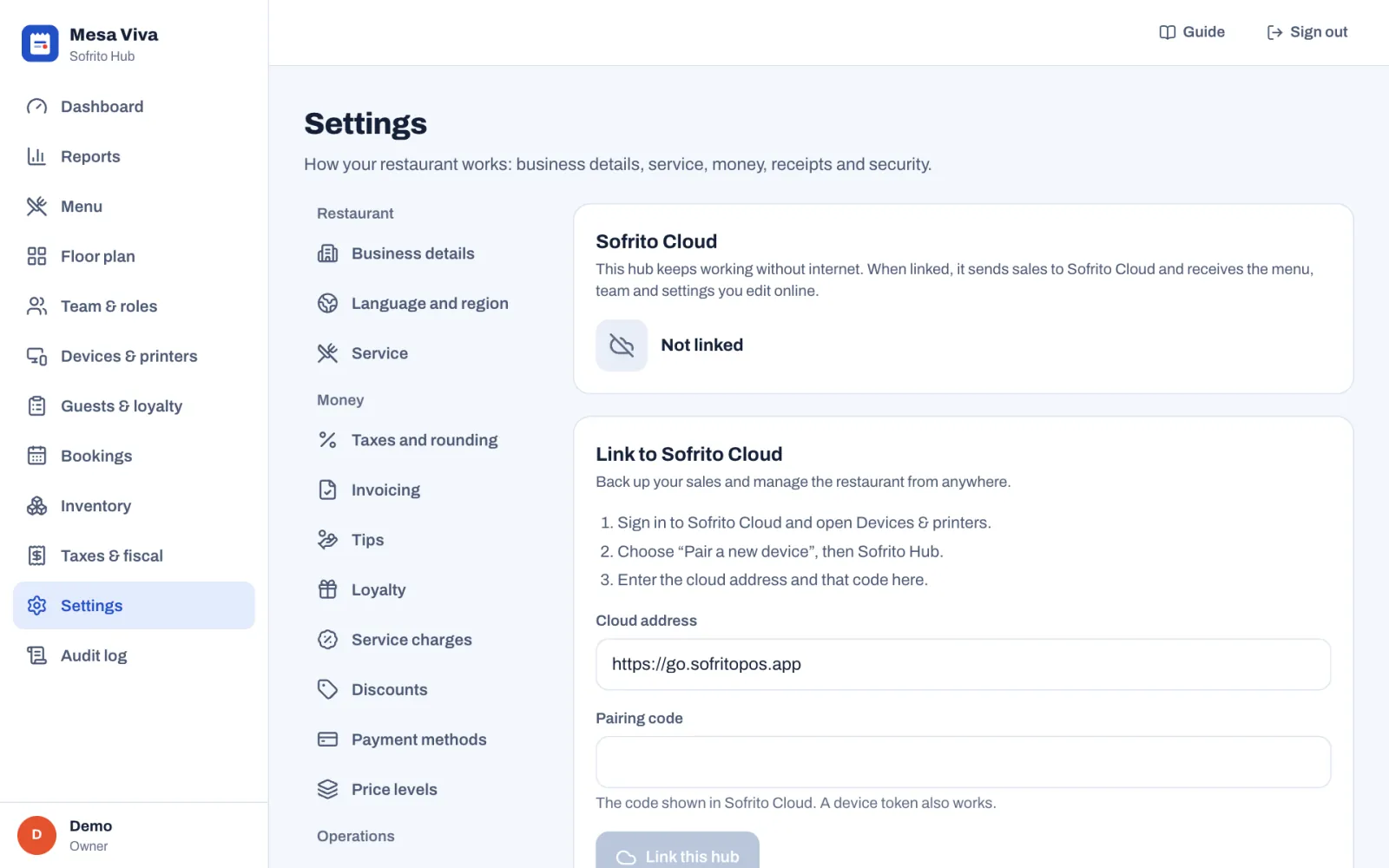 Settings › Cloud sync on a hub, with the Guide button at the top: Not linked, then Link to Sofrito Cloud with its three steps, the second "Choose “Pair a new device”, then Sofrito Hub.", and the Cloud address and Pairing code fields