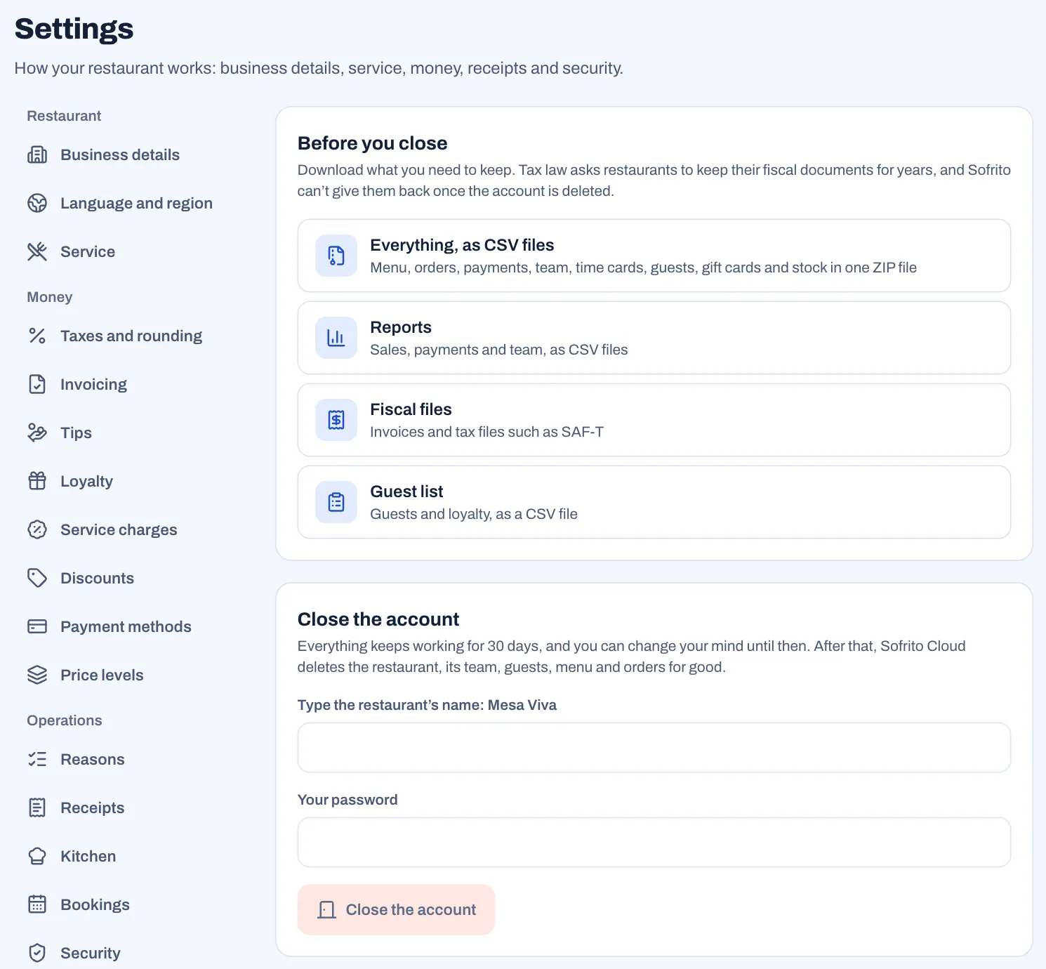 Settings › Account on Sofrito Cloud: Before you close, with Everything, as CSV files, Reports, Fiscal files and Guest list; then Close the account, which says everything keeps working for 30 days, the box "Type the restaurant's name: Mesa Viva", the Your password box and the Close the account button.