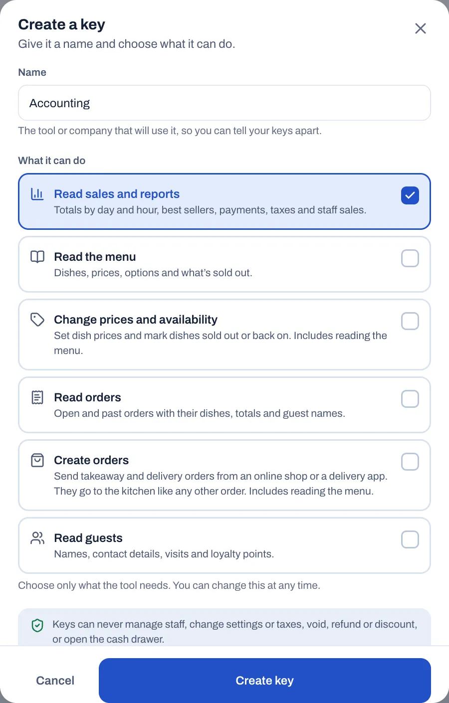 The Create a key window: Name Accounting, and under What it can do the six choices, with Read sales and reports ticked; at the bottom the note that keys can never manage staff, change settings or taxes, void, refund or discount, or open the cash drawer, and the Create key button.
