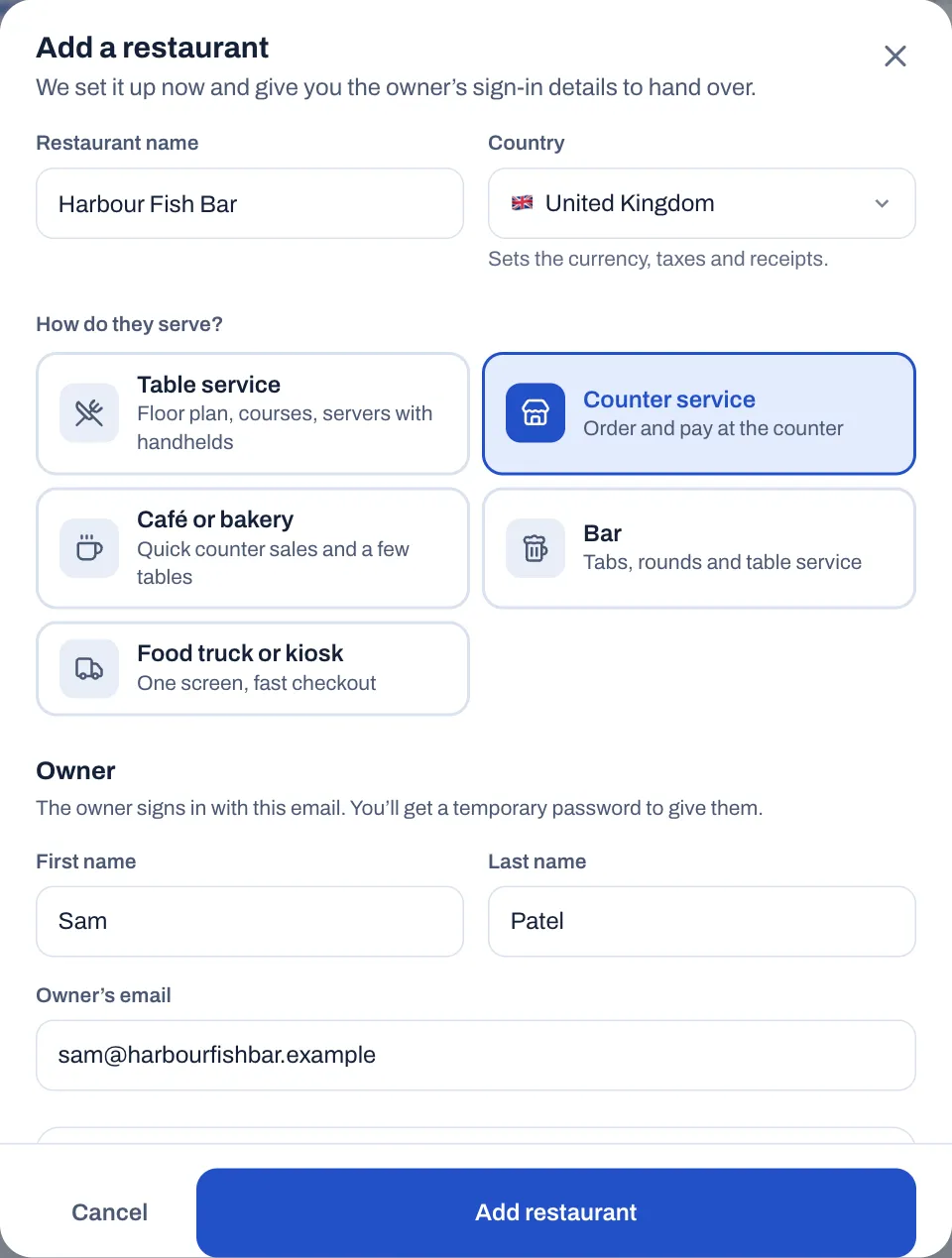 The Add a restaurant window: Restaurant name Harbour Fish Bar, Country United Kingdom, Counter service chosen under How do they serve?, and the owner Sam Patel with the email sam@harbourfishbar.example, above the Cancel and Add restaurant buttons.
