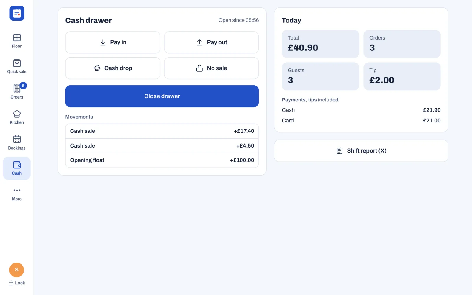 The Cash screen: the open cash drawer with Pay in, Pay out, Cash drop, No sale and Close drawer, the drawer's movements with two cash sales and the opening float, and today's totals with the payments by method under Payments, tips included, above the Shift report (X) button.