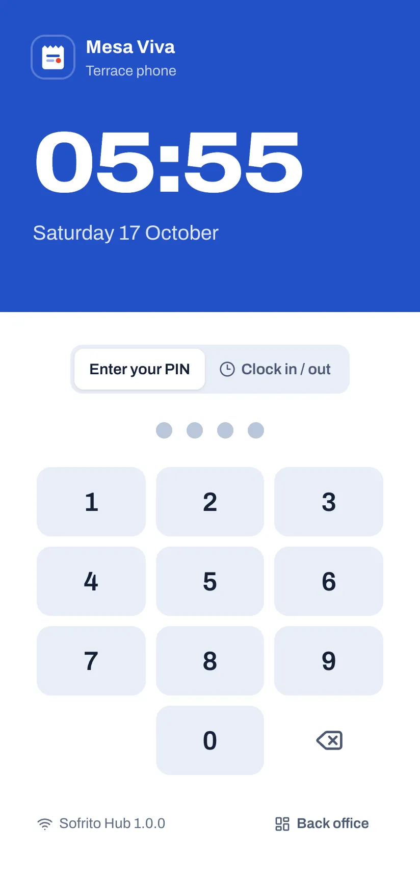 The lock screen on a server's phone: Mesa Viva and Terrace phone, the time and the date, the Enter your PIN and Clock in / out buttons above four PIN dots and a number pad, and under the pad Sofrito Hub 1.0.0 and Back office.