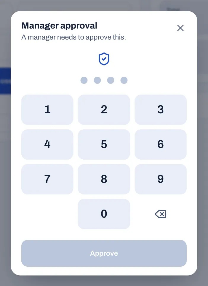 The Manager approval pad on the till: "A manager needs to approve this.", a PIN keypad and the Approve button.