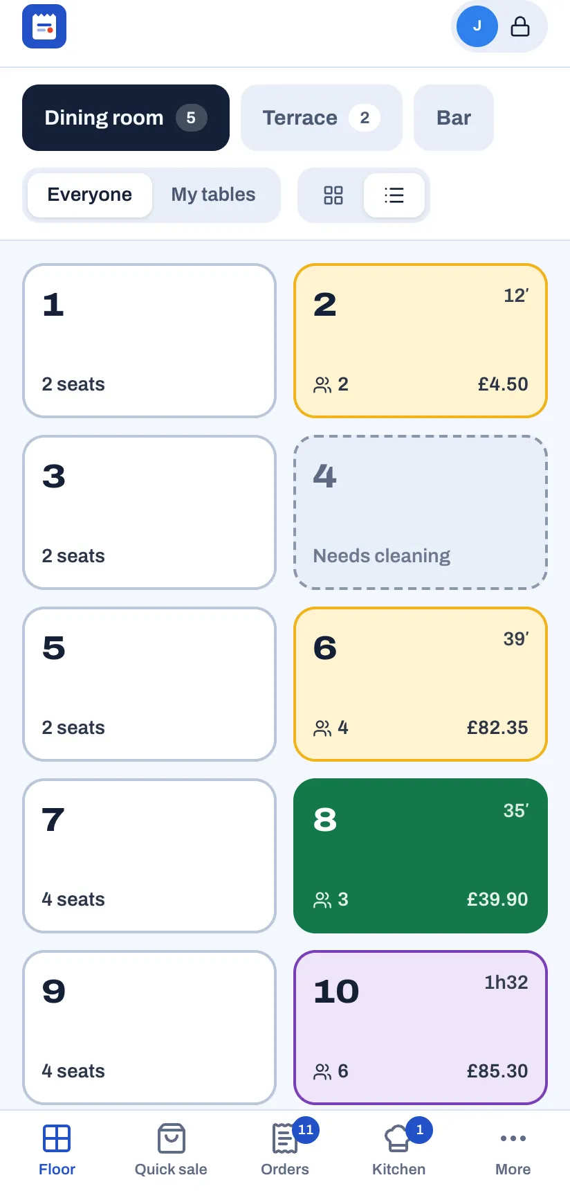 A server's phone: the Dining room, Terrace and Bar tabs, the Everyone and My tables filter, and the tables with their guests, totals and minutes since they sat down, one of them marked Needs cleaning.